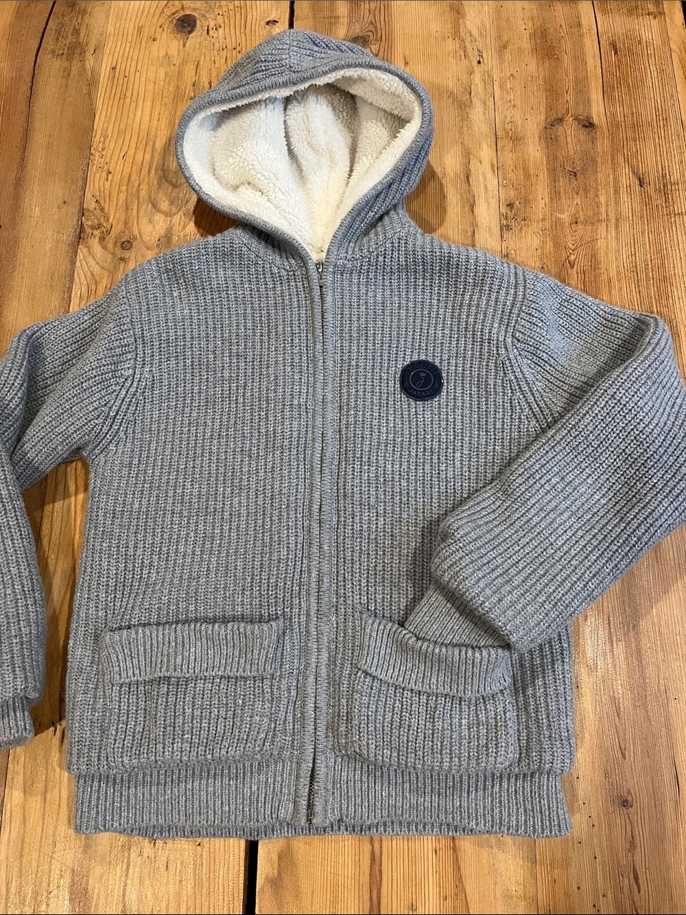 JACADI 10 Gray Wool Hooded Sweater Jacket Coat Minky Liner Pockets